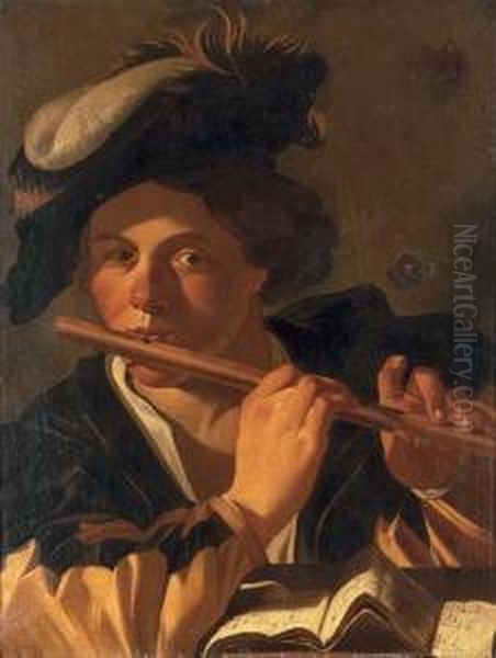 A Musician Playing The Flute Oil Painting by Dirck Van Baburen