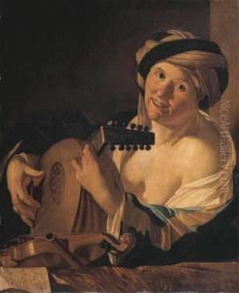 A Woman Playing The Lute, A Violin, Flute And Music On A Drapedledge Before Her Oil Painting by Dirck Van Baburen