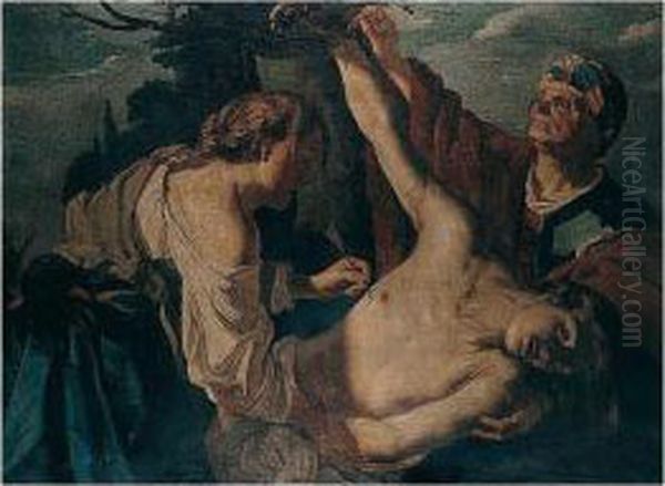 Saint Irene Tending To Saint Sebastian's Wounds Oil Painting by Dirck Van Baburen