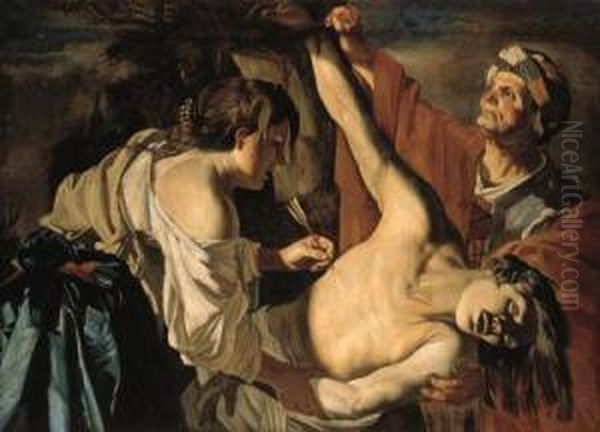 Saint Sebastian Nursed By Saint Irene Oil Painting by Dirck Van Baburen