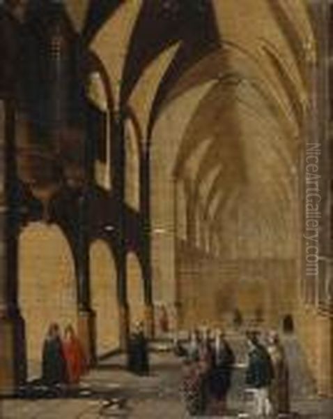 A Cathedral Interior With Figures Oil Painting by Hans Juriaensz. Van Baden