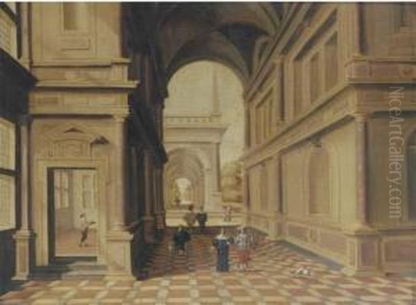 A Fantastical Palace With Elegant Figures In A Portico Oil Painting by Hans Juriaensz. Van Baden