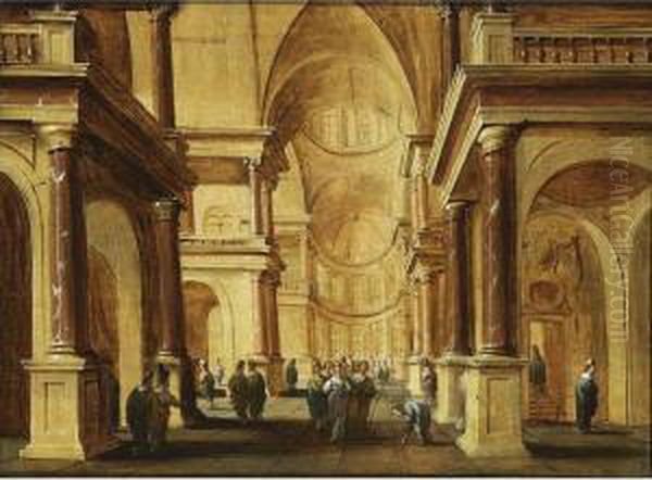 Christ And The Woman Taken Into Adultery In A Church Interior Oil Painting by Hans Juriaensz. Van Baden