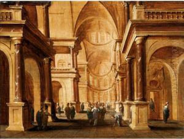 A Church Interior With Christ And The Woman Taken In Adultery Oil Painting by Hans Juriaensz. Van Baden