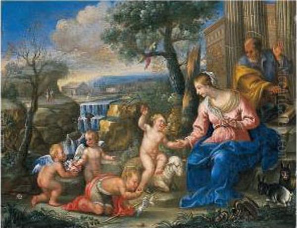 Sacra Famiglia Con San Giovannino E Angioletti Nei Pressi Di Una Cascata Oil Painting by Jan Van Balen