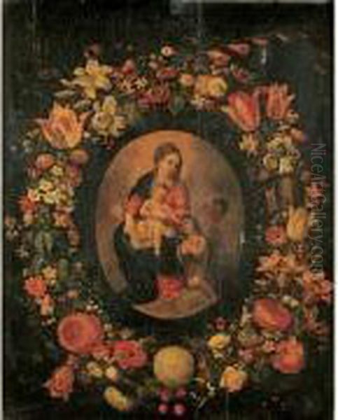 Vierge A L'enfant Et Saint Jean-baptiste Dans Une Guirlande De Fleurs Oil Painting by Jan Van Balen