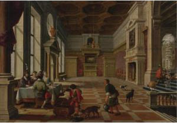 Interior Of A Palace With Elegant Figures Dining (parable Of Lazarus And The Rich Man) Oil Painting by Bartholomeus Van Bassen