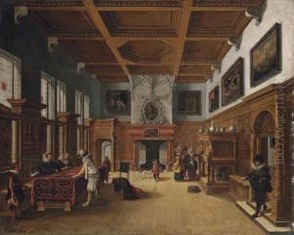 An Interior With Elegant Company Playing Backgammon Oil Painting by Bartholomeus Van Bassen