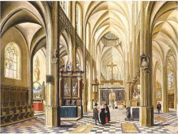 The Interior Of A Gothic Cathedral With Elegant Townsfolk Oil Painting by Bartholomeus Van Bassen