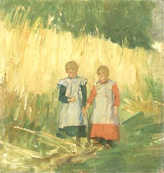 Sisters a walk through a field in summer Oil Painting by Eduard Frankfort