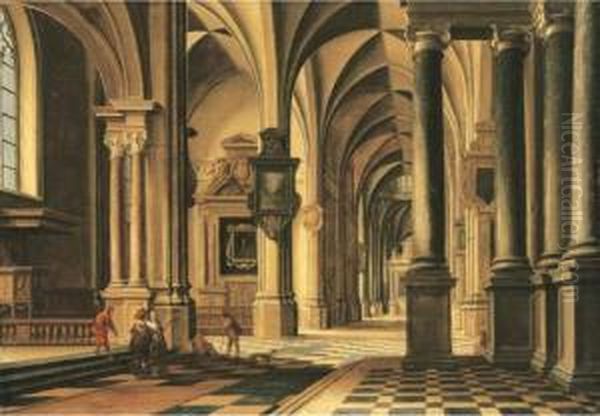 A Church Interior With Elegant Company Conversing In The Aisle Oil Painting by Bartholomeus Van Bassen