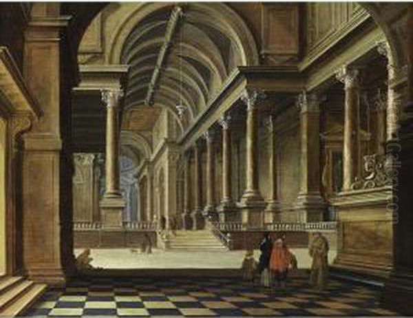 An Interior Of An Imaginary 
Classical Church With An Elegant Couple Conversing With A Monk In The 
Foreground Oil Painting by Bartholomeus Van Bassen