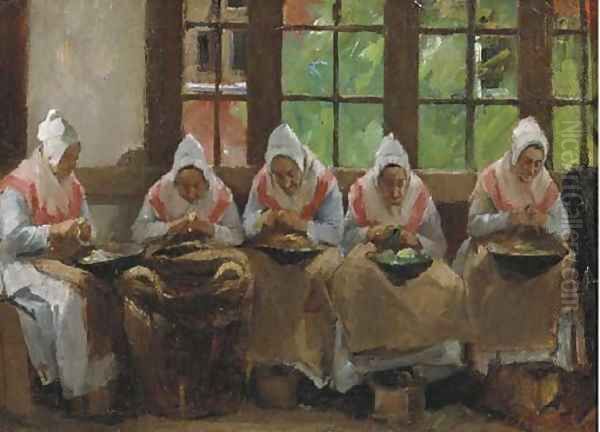 Peeling potatoes at the Joodse Oudeliedengesticht in the Nieuwe Kerkstraat, Amsterdam Oil Painting by Eduard Frankfort