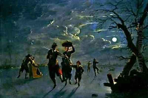 Ice Skating by Moonlight Oil Painting by Franz Ferg