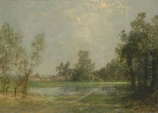 Landscape With Houses Near A Lake. Canvas Oil Painting by Jan van Beers