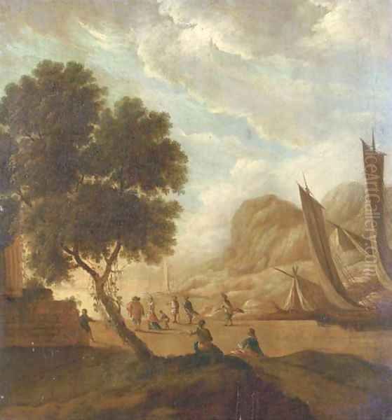 A Mediterranean landscape with elegant figures resting by the shore, moored sailing vessels and a ruin nearby Oil Painting by Franz Ferg