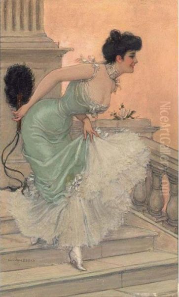 An Elegant Lady On The Stairways Oil Painting by Jan van Beers