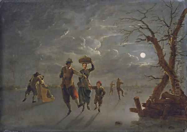 A moonlit winter landscape with skaters on a frozen river Oil Painting by Franz Ferg