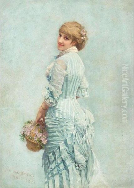 Lady With A Basket Of Flowers Oil Painting by Jan van Beers