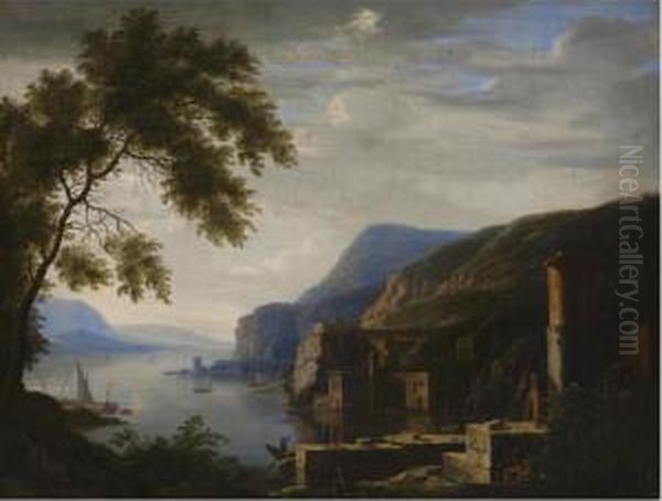 An Extensive Italianate River 
Landscape With Travellers Near Ruins, Shipping Near A Harbour Beyond Oil Painting by Willem Van Bemmel