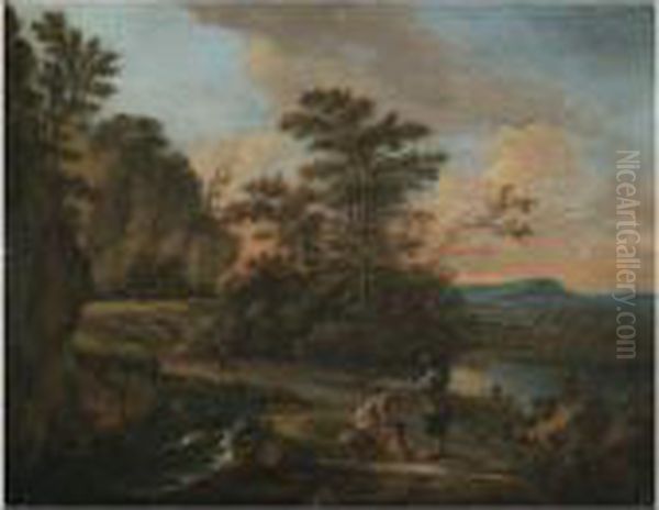 A River Landscape With A Traveller And A Beggar In The Foreground Oil Painting by Willem Van Bemmel