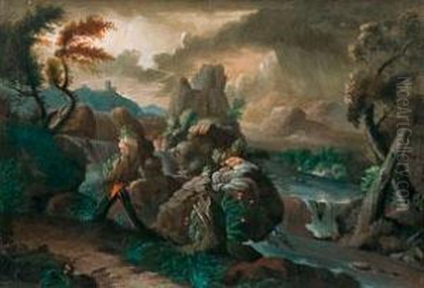 Abendliche Gebirgslandschaft Mit Gewitter Oil Painting by Willem Van Bemmel