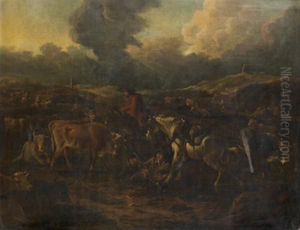 Berger Et Leur Troupeau Dans Un Paysage Oil Painting by Dirk van Bergen