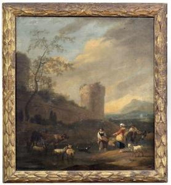 Hirten Mir Ihrem Vieh An Einer Furt Vor Einer Stadtmauer In Sudlicher Landschaft Oil Painting by Dirk van Bergen