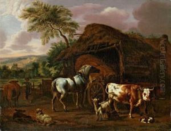 Gehoft Mit Rindern, Pferd Und Schafen Oil Painting by Dirk van Bergen