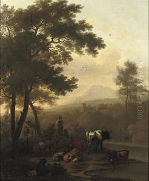 A Wooded River Landscape With A Peasant Couple And Theircattle Oil Painting by Dirk van Bergen