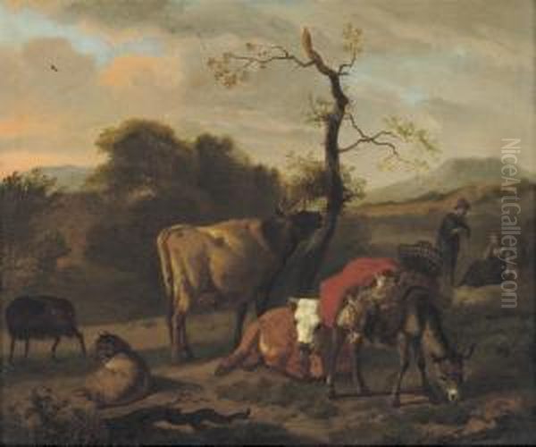 Cows, Sheep And A Donkey In A Landscape Oil Painting by Dirk van Bergen