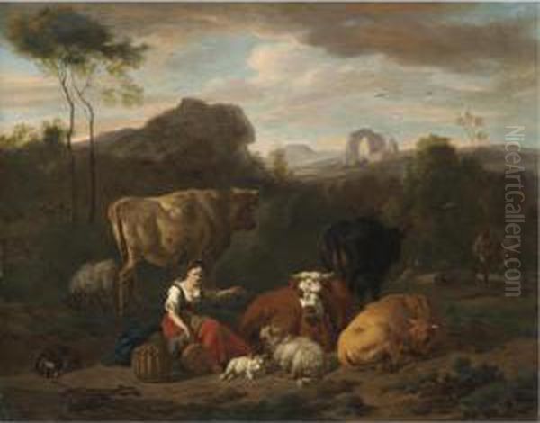 An Italianate Landscape With A Shepherdess Seated Amongst Sheep And Cattle Oil Painting by Dirk van Bergen