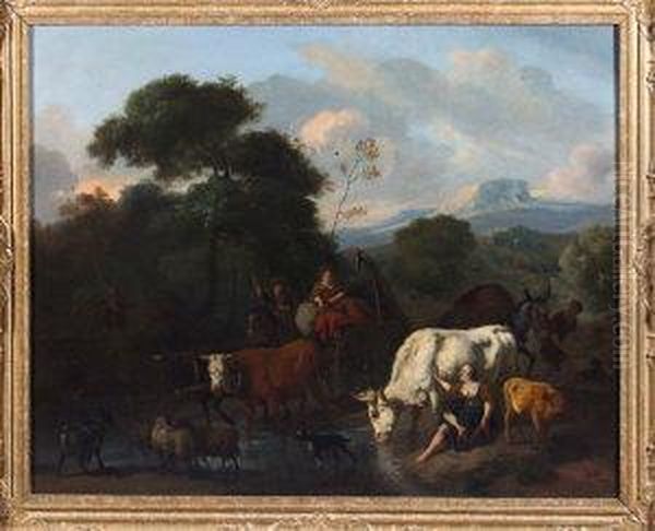 A Pastoral River Landscape With A
 Bullock Cart Crossing A Ford And Other Figures And Animals Nearby Oil Painting by Dirk van Bergen