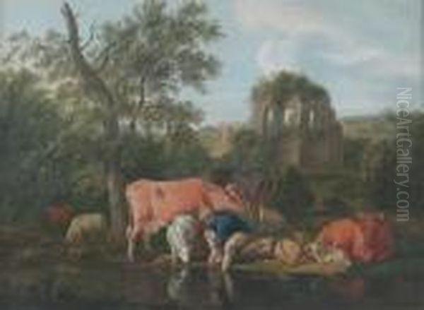 Le Petit Troupeau; La Propriet Pastorale Oil Painting by Dirk van Bergen