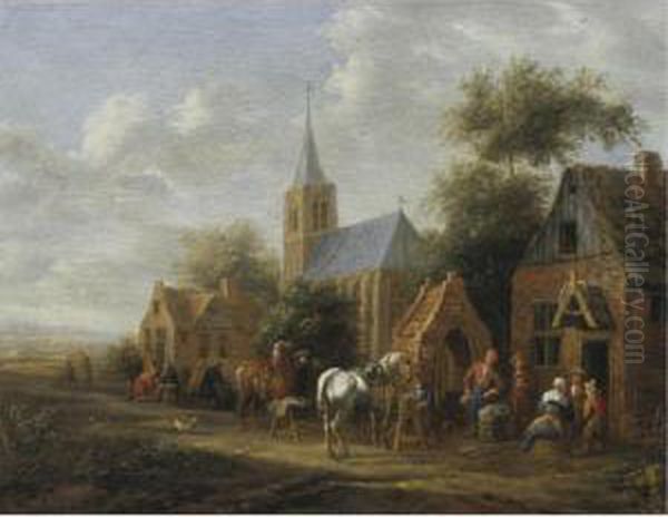 A Village Scene With Figures Conversing Before Cottages And Horses Eating From Mangers Oil Painting by Dirk van Bergen