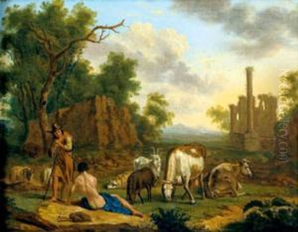 Scene Pastorale Dans Des Ruines Antiques Oil Painting by Dirk van Bergen