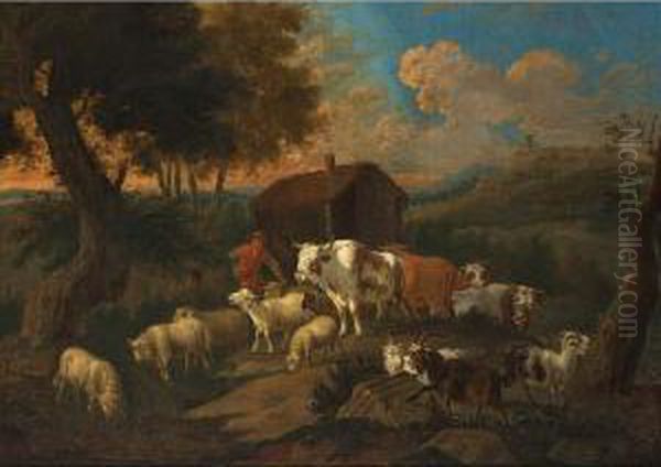 A Peasant With Sheep And Goats Near A Farmstead In A Hilly Summer Landscape Oil Painting by Dirk van Bergen