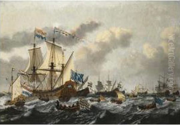 The Dutch Fleet At Sea In A 
Breeze, With A States-yacht Firing A Salute To The Flagship, De Witte 
Olifant Oil Painting by Dirk van Bergen