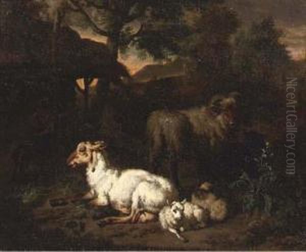 Sheep Resting In A Wooded Landscape And A Shepherdess With Her Dog In Front Of A Cottage Oil Painting by Dirk van Bergen