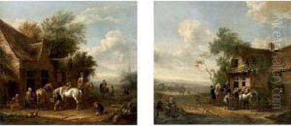 Landscapes With Cavaliers Watering Their Horses Outside Taverns Oil Painting by Dirk van Bergen