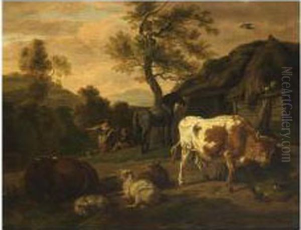 Cattle Near A Farmstead, Two Shepherds Beyond Oil Painting by Dirk van Bergen