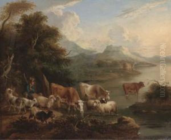 A River Landscape With A Shepherd, His Flock And Other Cattle Onthe Bank Oil Painting by Dirk van Bergen