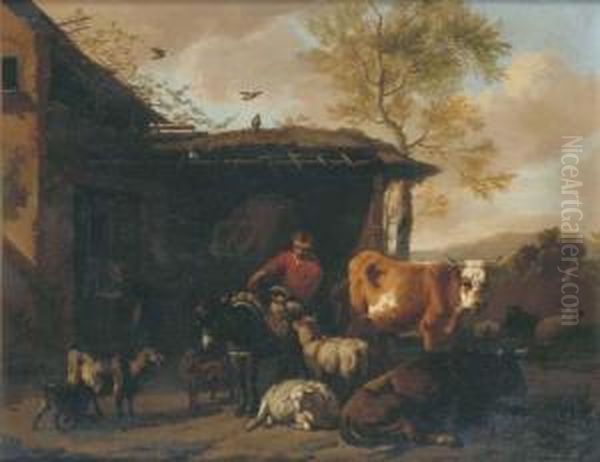 A Rustic By A Barn With His Donkey And Other Animals Oil Painting by Dirk van Bergen