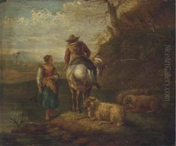 An Italianate River Landscape 
With A Shepherd And Shepherdess Andtheir Flock; And An Italianate River 
Landscape With A Drover Andhis Cattle Oil Painting by Dirk van Bergen