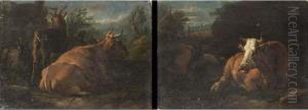 A Cows And Goats In A Landscape Oil Painting by Dirk van Bergen