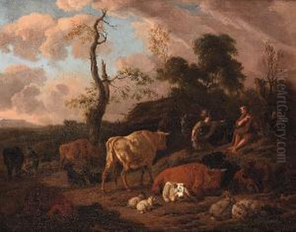 An Italianate Landscape With A 
Traveller Asking Directions Of A Shepherd Surrounded By Sheep And Cattle Oil Painting by Dirk van Bergen