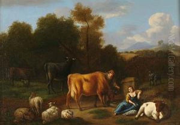 A Shepherd And Shepherdess With Sheep And Cattle In An Italianate Landscape Oil Painting by Dirk van Bergen