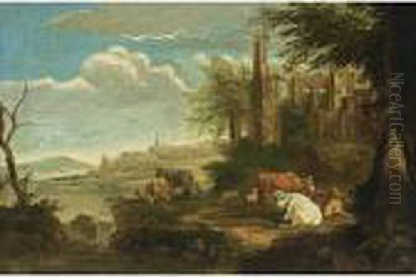 Cows Resting In A Classical Landscape Oil Painting by Dirk van Bergen