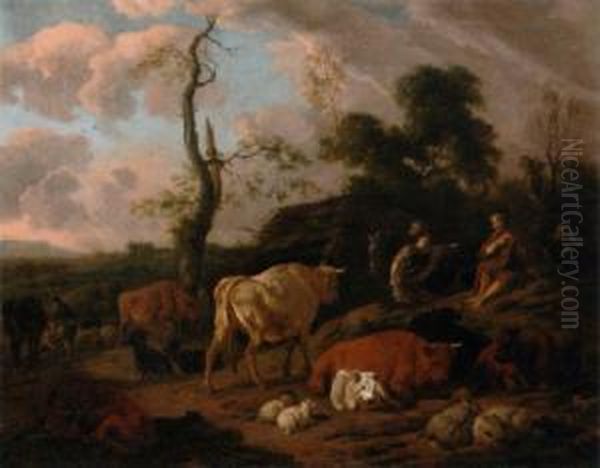 Italian Landscape With A Traveller Asking Directions Of A Shepherd Oil Painting by Dirk van Bergen