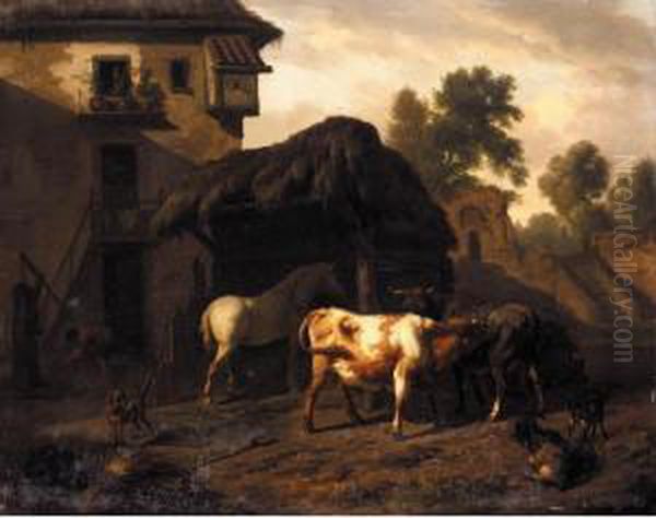 A Farmyard Scene, With Cattle, A Horse And Goats, A Boy Drawing Water From A Well Beyond Oil Painting by Dirk van Bergen